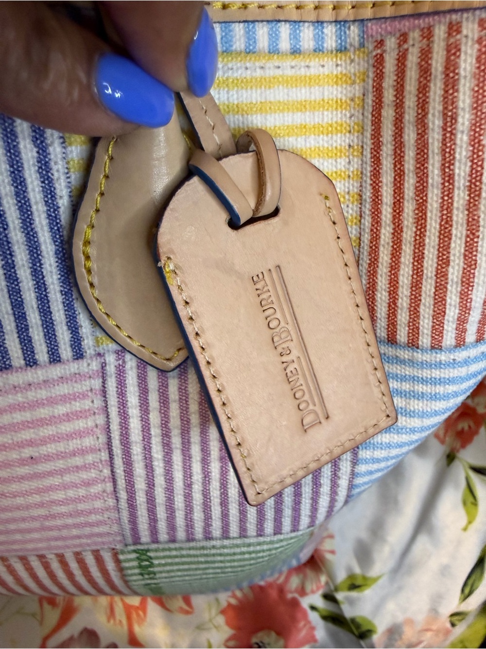 Dooney & Bourke Patchwork Seersucker Tote Bag Multicolor Striped | Leather Trim - Picture 16 of 16